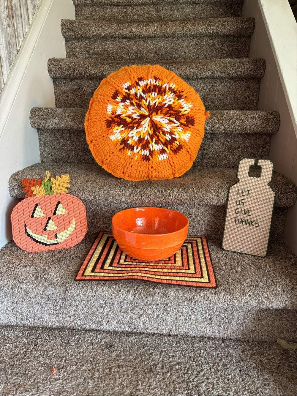 Handcrafted Orange Crochet Round Pillow - Vibrant Autumn Accent